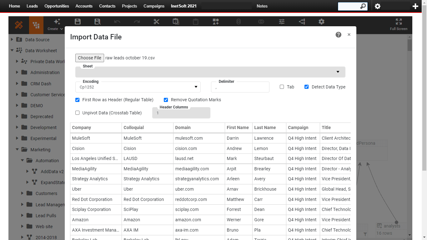 example of database fields in a table