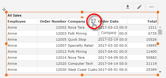 example of sorting a table column