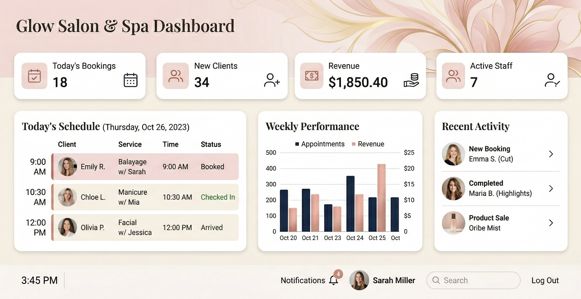 beauty salon dashboard
