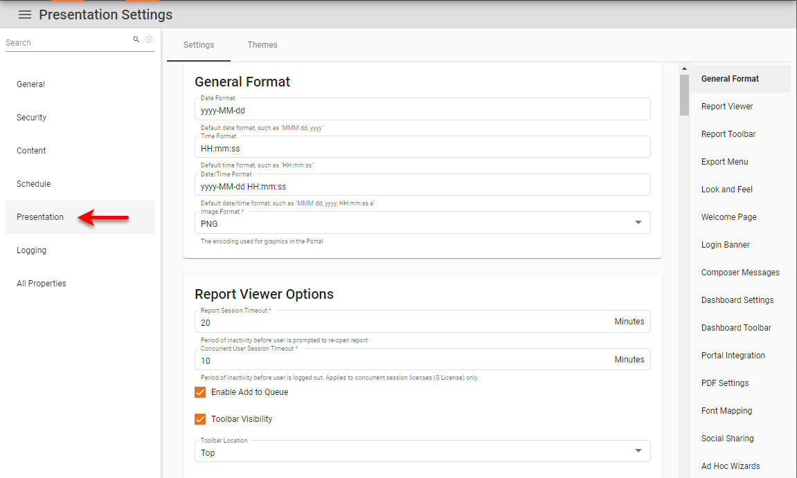 dashboard platform presentation settings