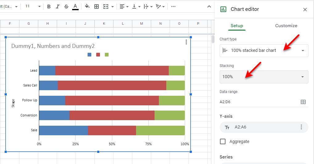 step 2 to create funnel chart in google sheets