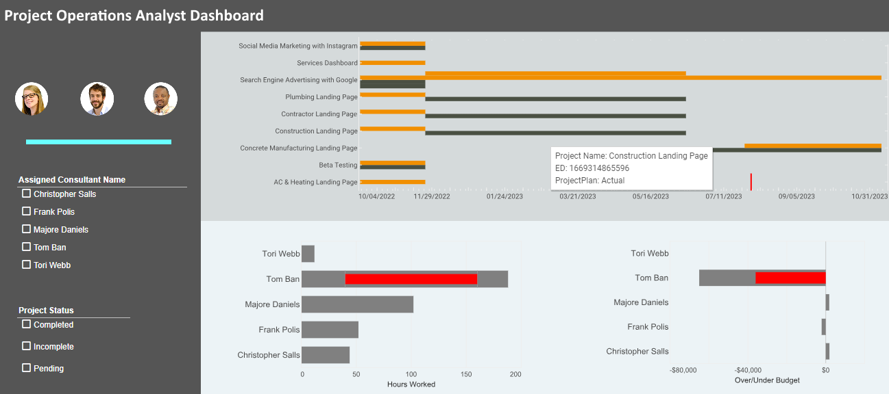 project operations analyst dashboard example
